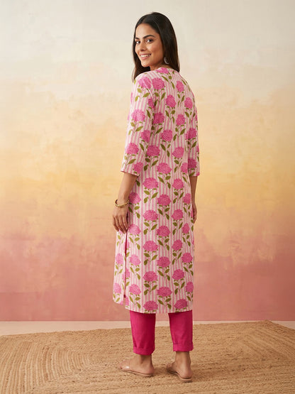 Janasya Pink Straight Cotton Kurta - Dista