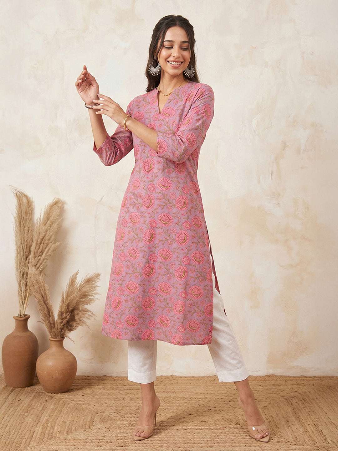 Janasya Lavender Straight Cotton Kurta - Dista
