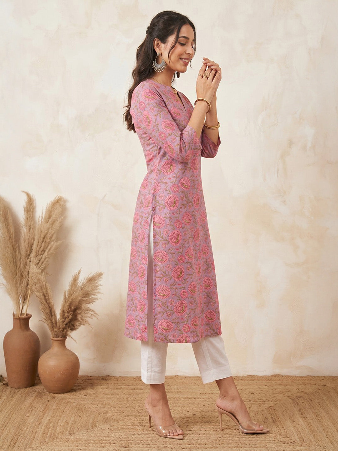 Janasya Lavender Straight Cotton Kurta - Dista