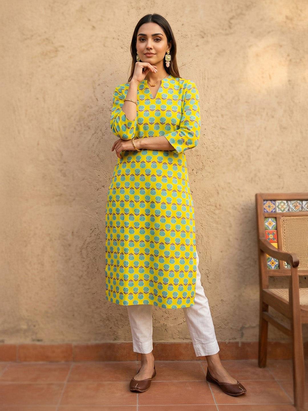 Janasya Lime Yellow Straight Cotton Kurta - Dista