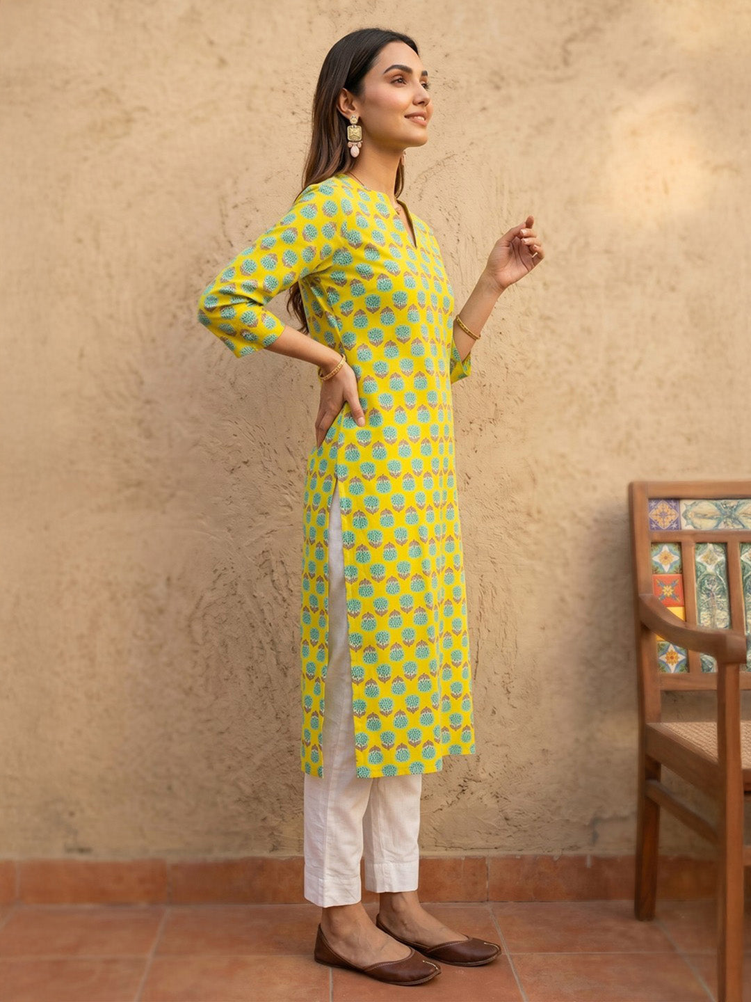 Janasya Lime Yellow Straight Cotton Kurta - Dista