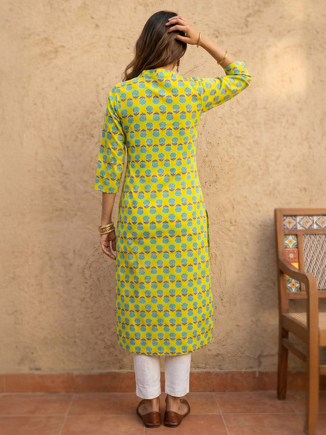 Janasya Lime Yellow Straight Cotton Kurta - Dista
