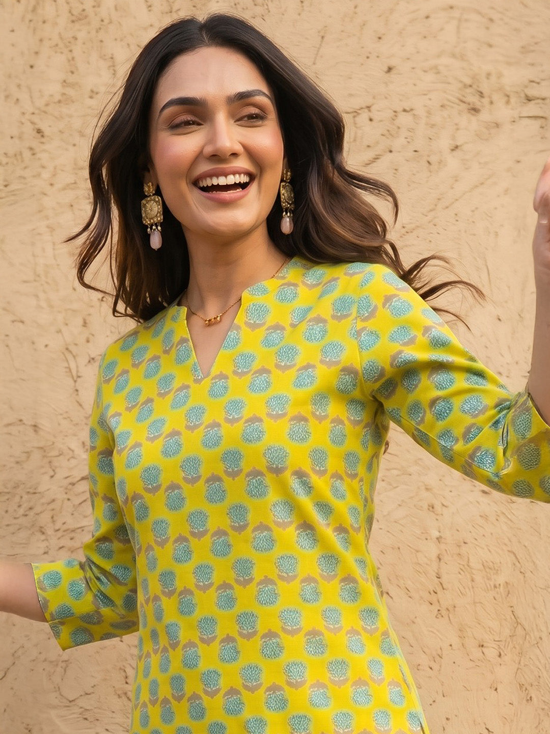 Janasya Lime Yellow Straight Cotton Kurta - Dista