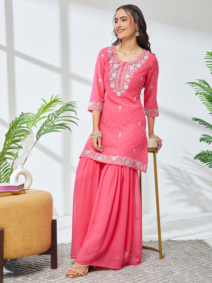Janasya Pink Straight Georgette Kurta & Bottom - Dista