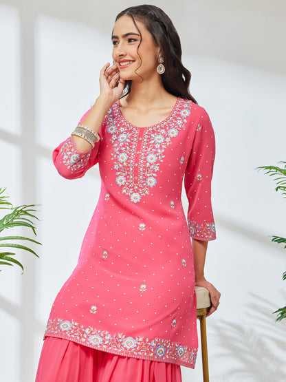 Janasya Pink Straight Georgette Kurta & Bottom - Dista
