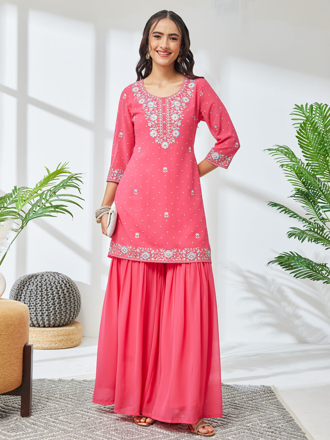 Janasya Pink Straight Georgette Kurta & Bottom - Dista
