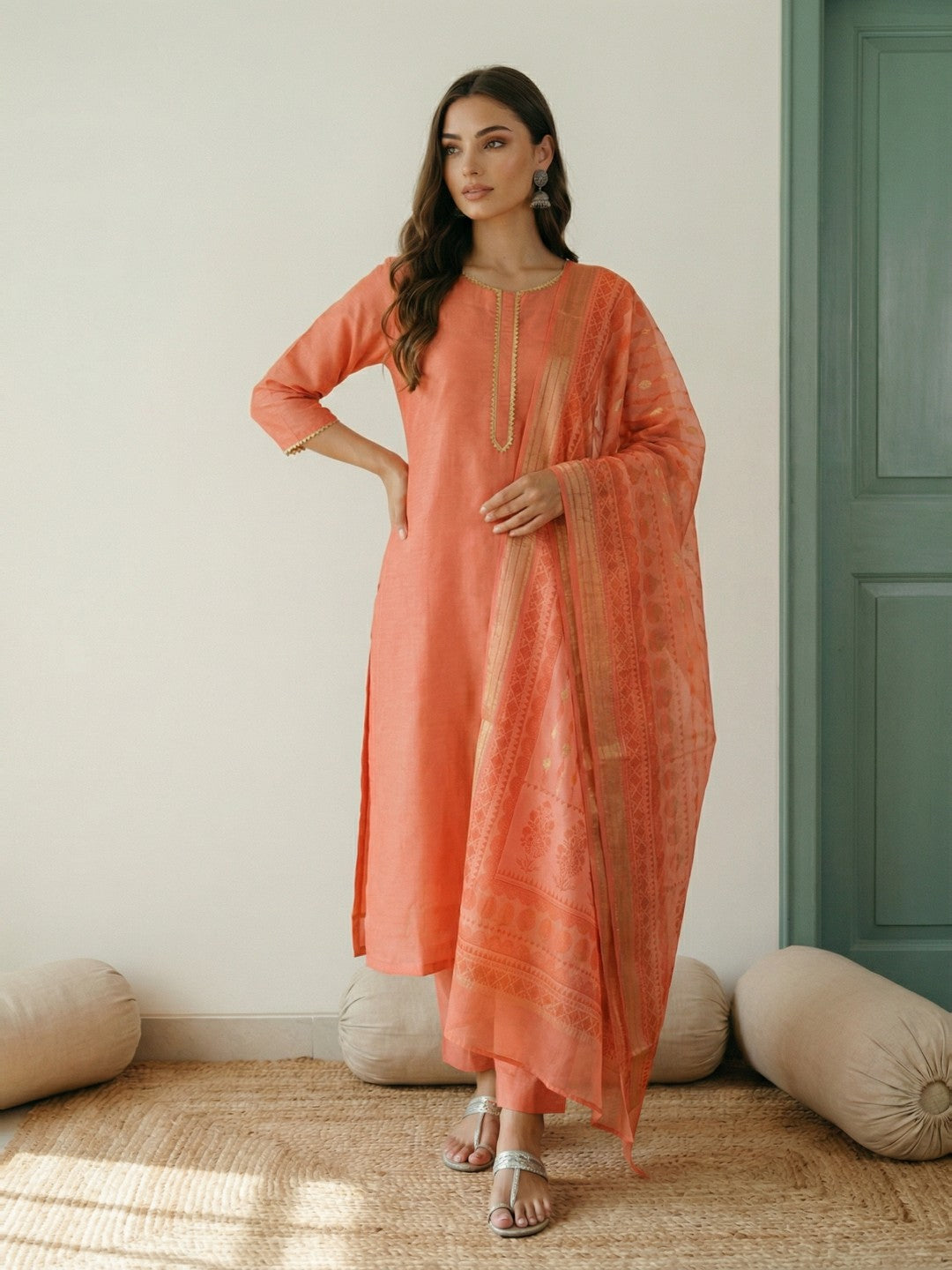 Janasya Peach Straight Silk Blend Kurta,Bottom & Dupatta - Dista