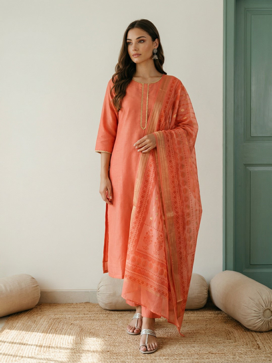 Janasya Peach Straight Silk Blend Kurta,Bottom & Dupatta - Dista