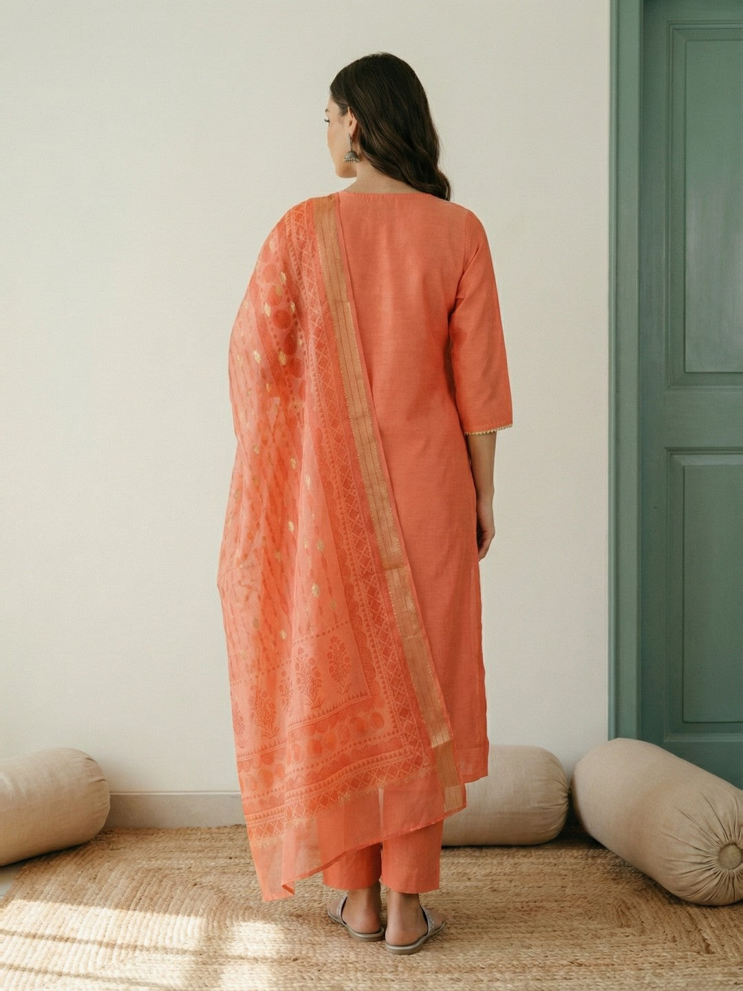 Janasya Peach Straight Silk Blend Kurta,Bottom & Dupatta - Dista