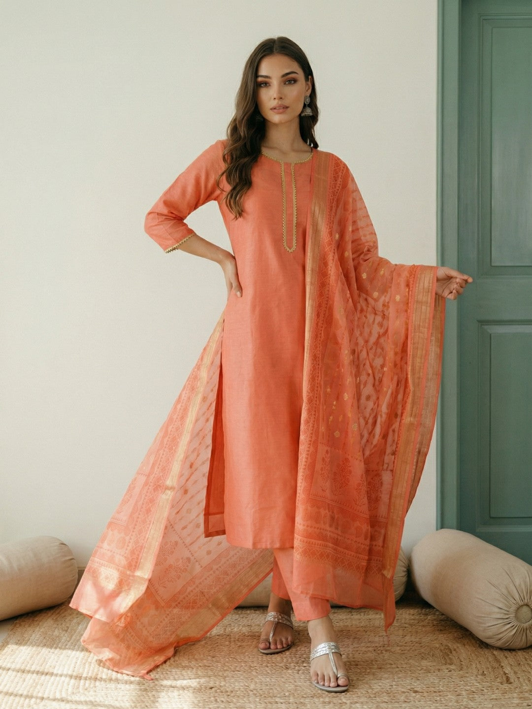 Janasya Peach Straight Silk Blend Kurta,Bottom & Dupatta - Dista