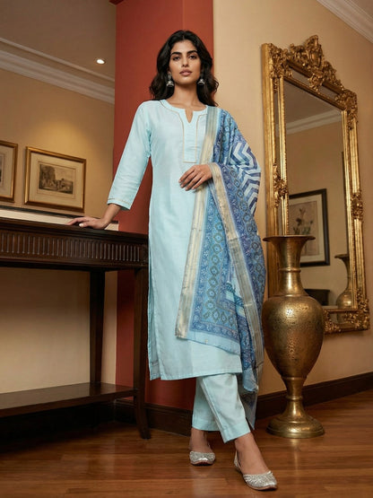 Janasya Light Blue Straight Silk Blend Kurta,Bottom & Dupatta - Dista
