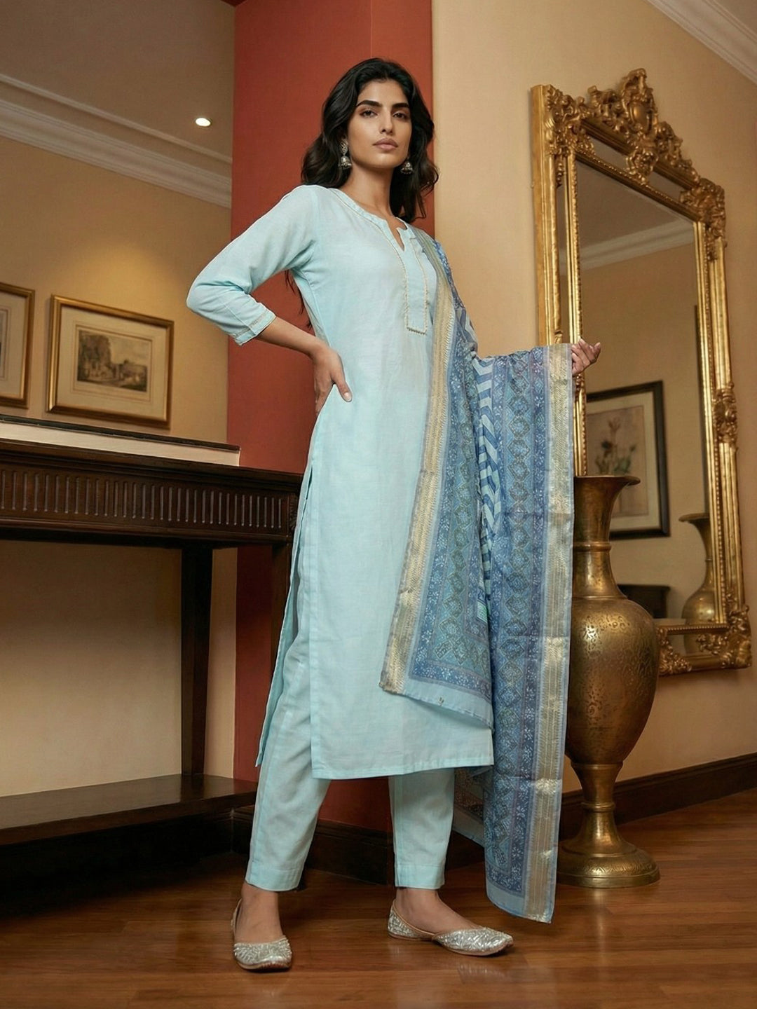 Janasya Light Blue Straight Silk Blend Kurta,Bottom & Dupatta - Dista