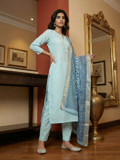 Janasya Light Blue Straight Silk Blend Kurta,Bottom & Dupatta - Dista
