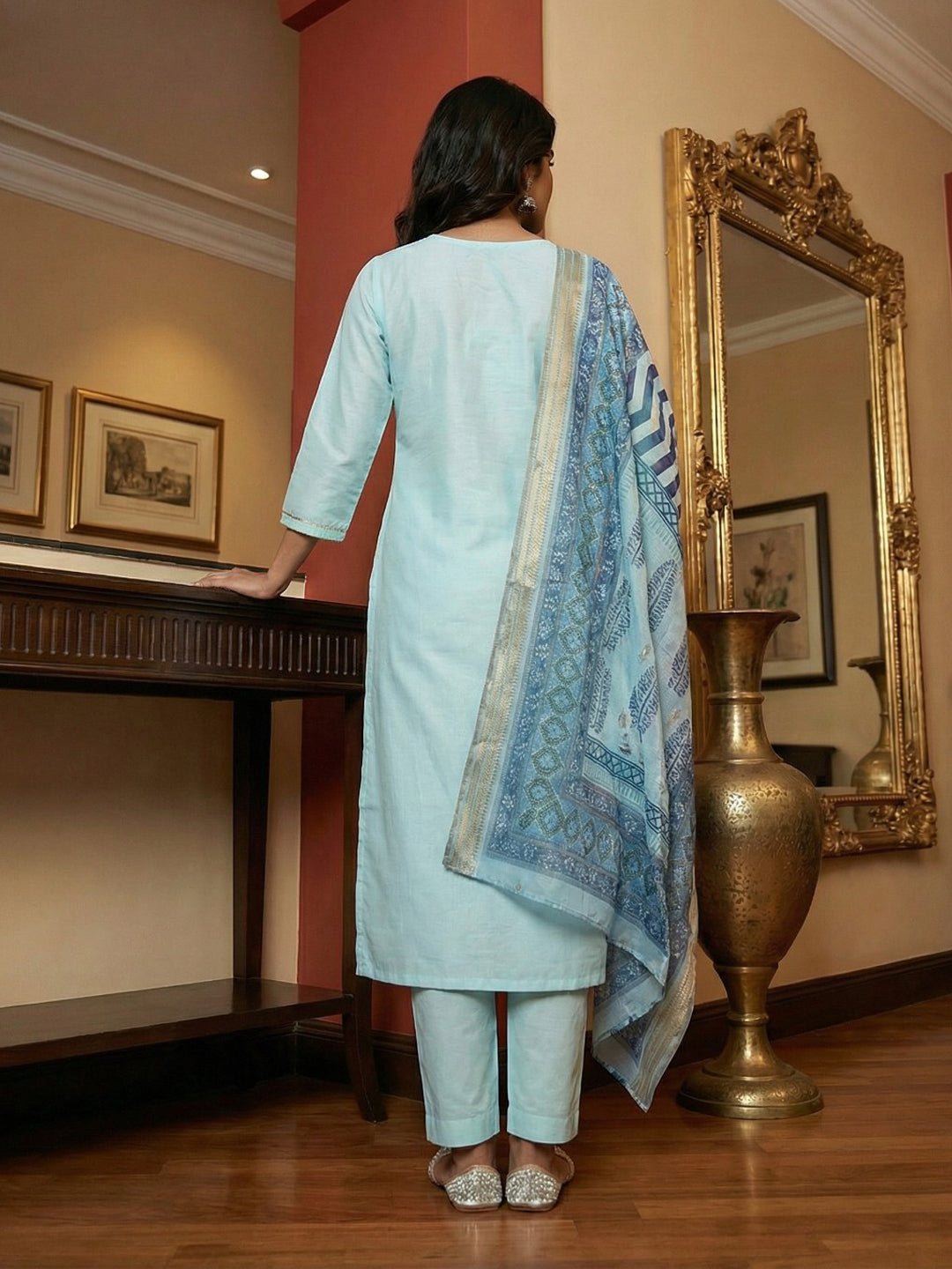 Janasya Light Blue Straight Silk Blend Kurta,Bottom & Dupatta - Dista