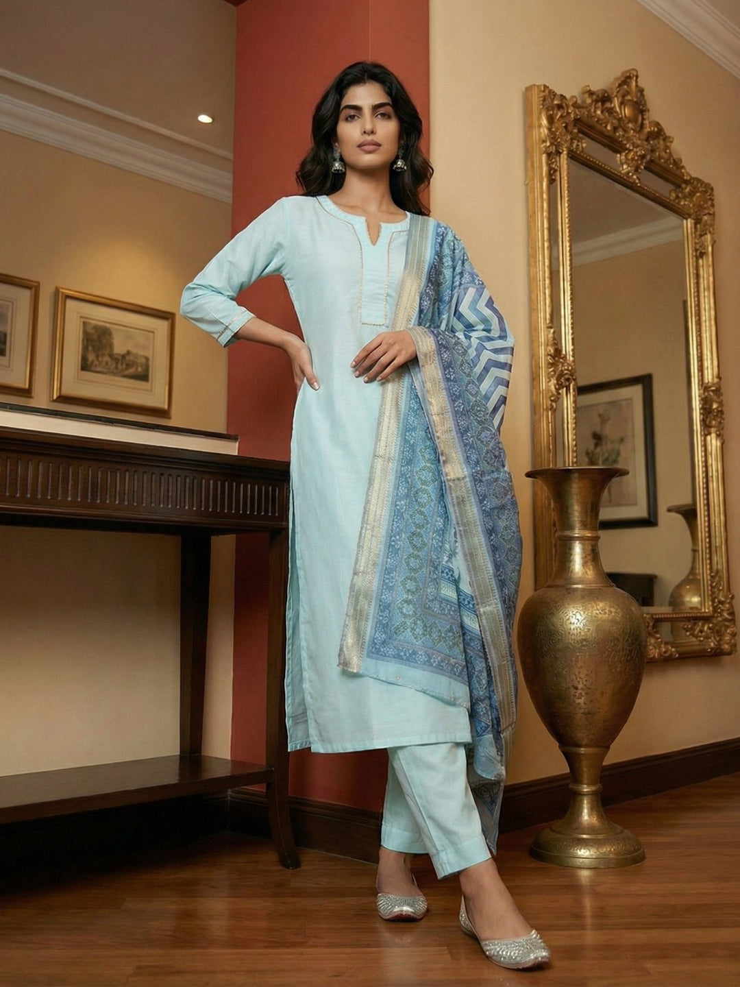 Janasya Light Blue Straight Silk Blend Kurta,Bottom & Dupatta - Dista