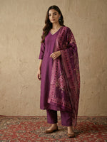 Thumbnail for Janasya Wine Straight Silk Blend Kurta,Bottom & Dupatta - Dista