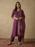 Thumbnail for Janasya Wine Straight Silk Blend Kurta,Bottom & Dupatta - Dista