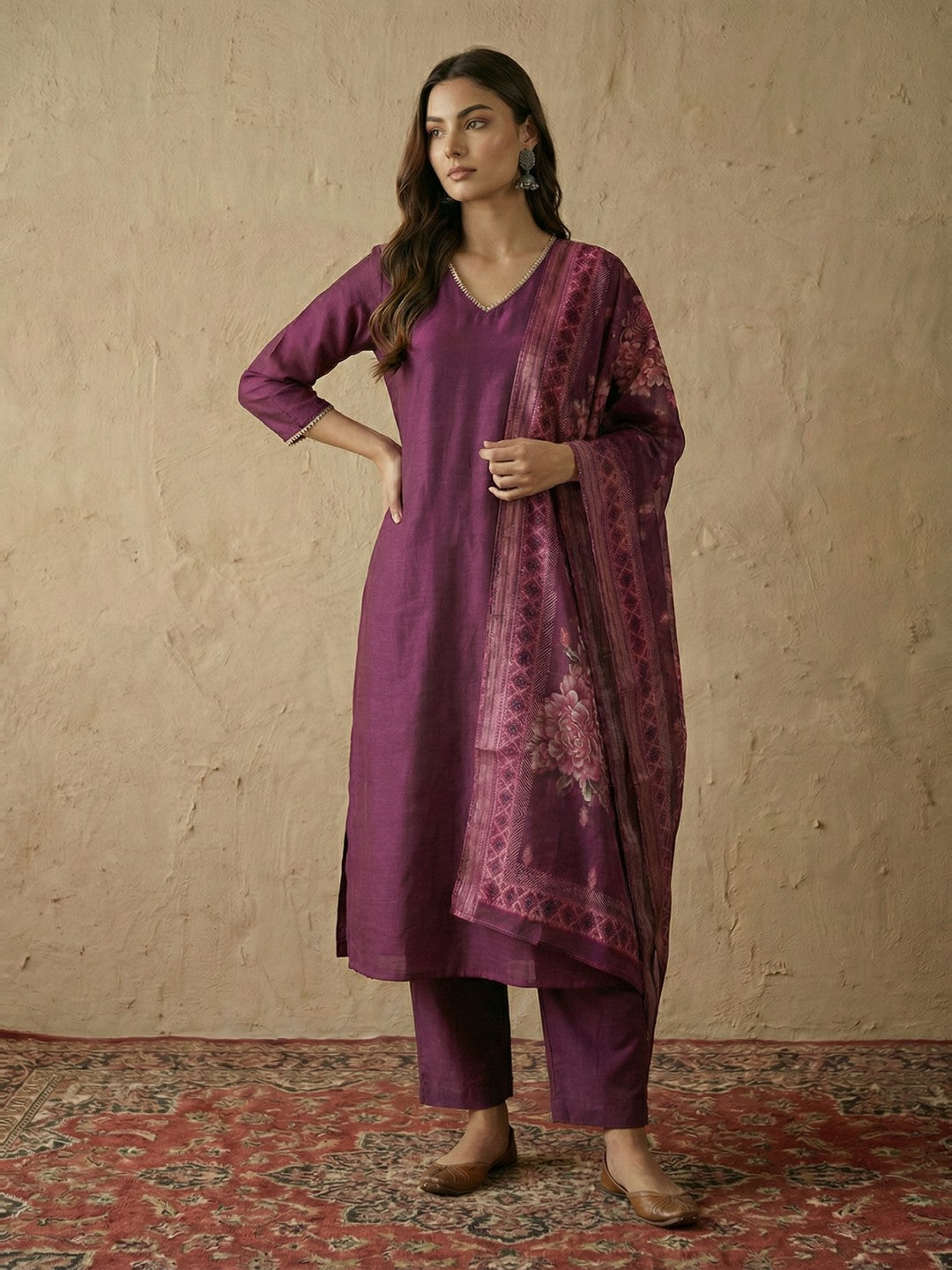 Janasya Wine Straight Silk Blend Kurta,Bottom & Dupatta - Dista