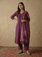 Thumbnail for Janasya Wine Straight Silk Blend Kurta,Bottom & Dupatta - Dista