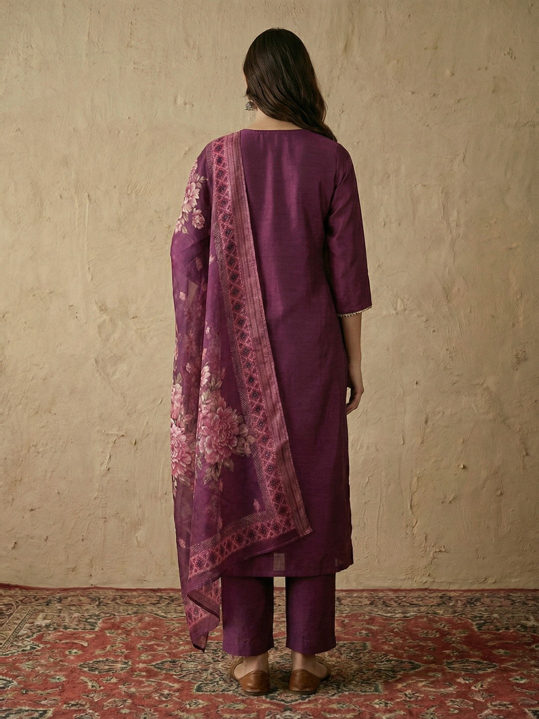 Janasya Wine Straight Silk Blend Kurta,Bottom & Dupatta - Dista