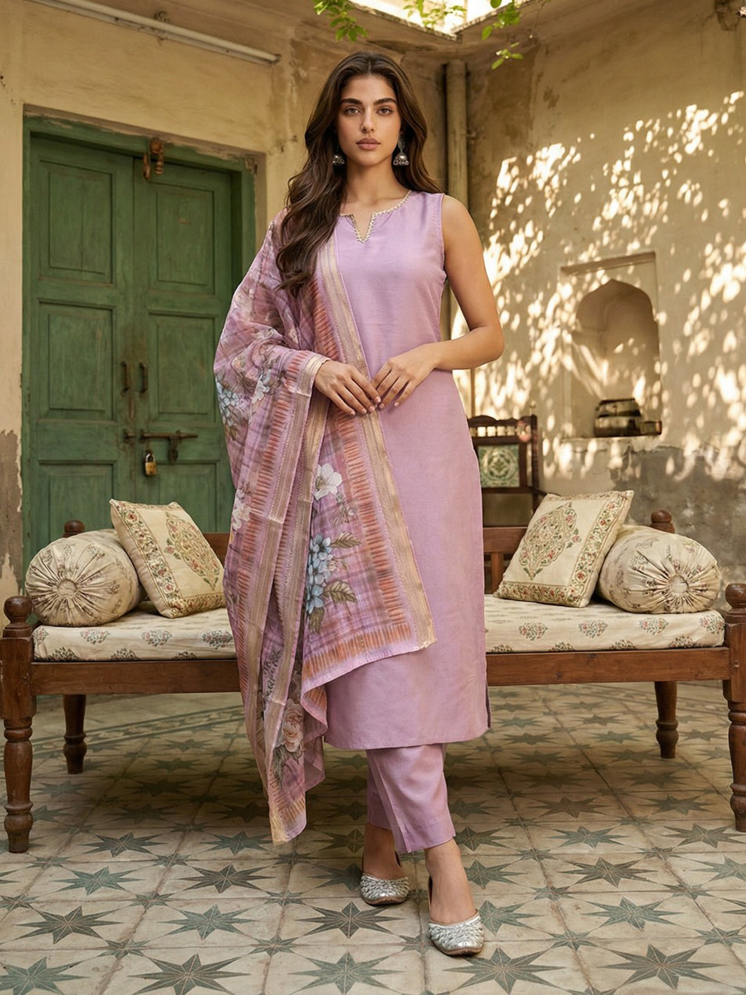 Janasya Lavender Straight Silk Blend Kurta,Bottom & Dupatta - Dista