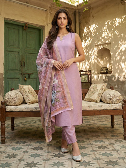 Janasya Lavender Straight Silk Blend Kurta,Bottom & Dupatta - Dista