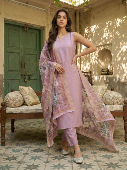 Janasya Lavender Straight Silk Blend Kurta,Bottom & Dupatta - Dista