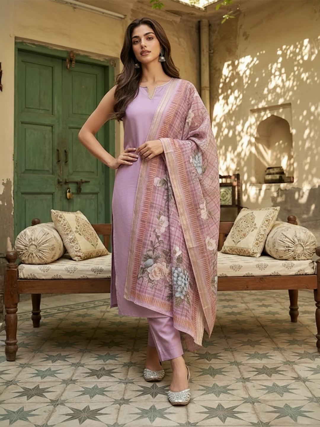 Janasya Lavender Straight Silk Blend Kurta,Bottom & Dupatta - Dista