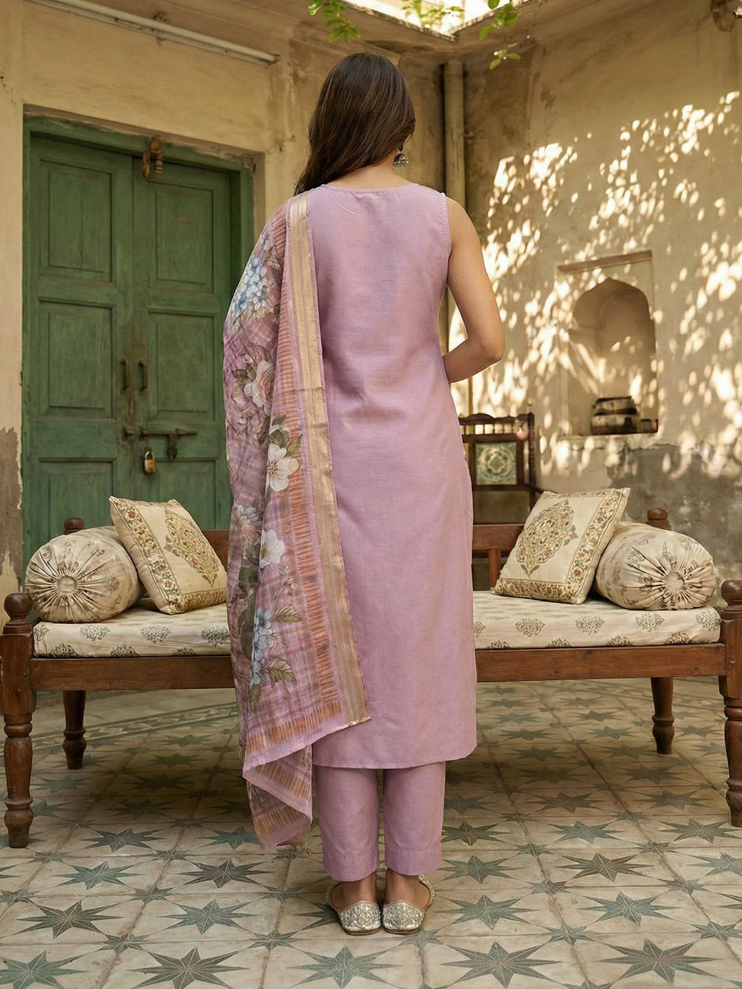 Janasya Lavender Straight Silk Blend Kurta,Bottom & Dupatta - Dista