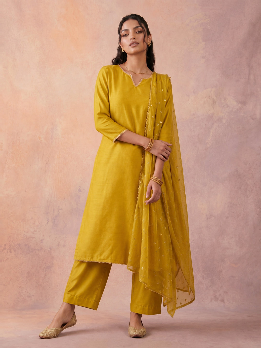 Janasya Lime Yellow Straight Silk Blend Kurta,Bottom & Dupatta - Dista