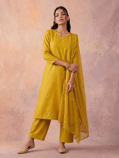 Janasya Lime Yellow Straight Silk Blend Kurta,Bottom & Dupatta - Dista