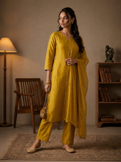 Janasya Lime Yellow Straight Silk Blend Kurta,Bottom & Dupatta - Dista