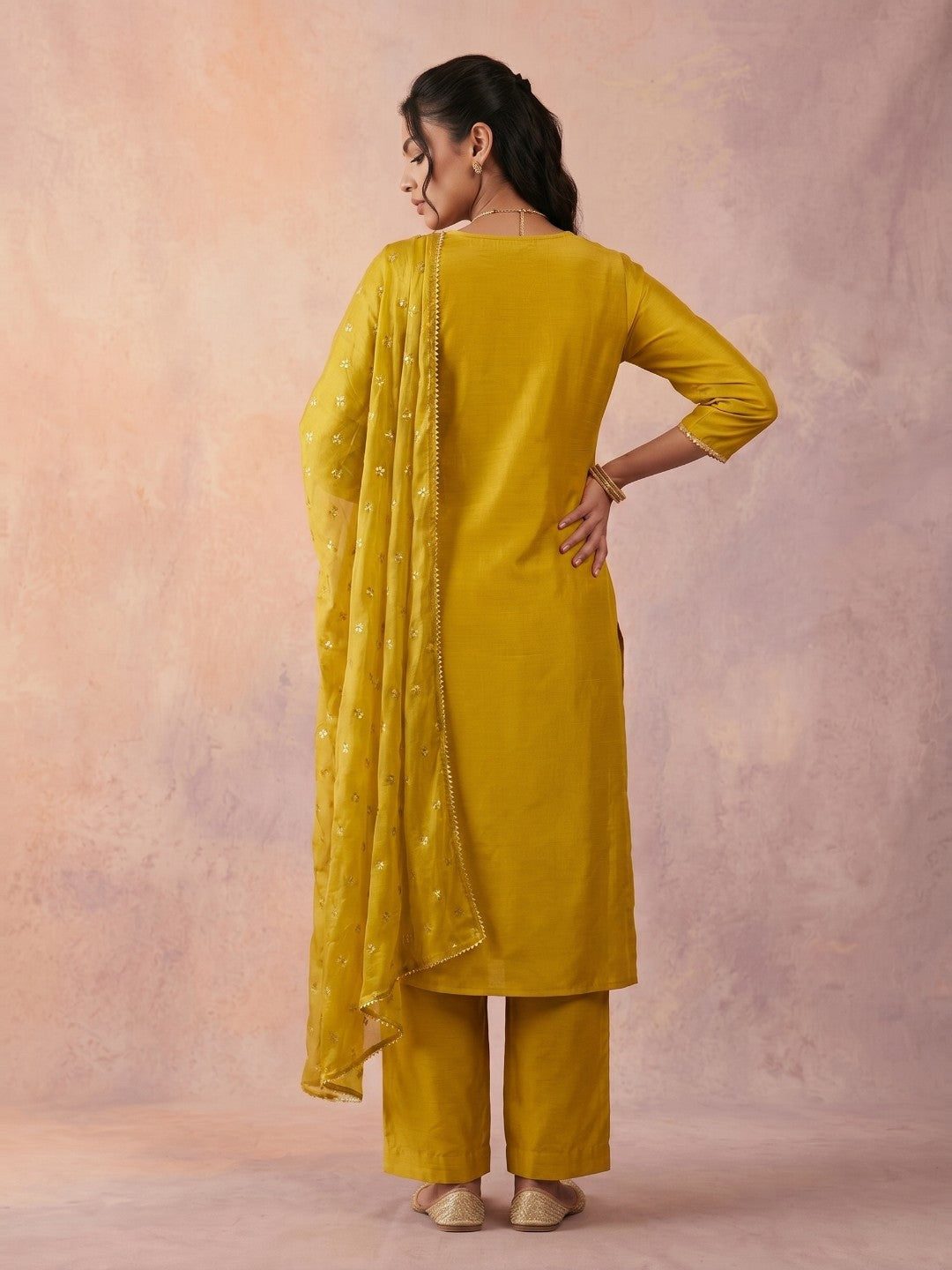 Janasya Lime Yellow Straight Silk Blend Kurta,Bottom & Dupatta - Dista
