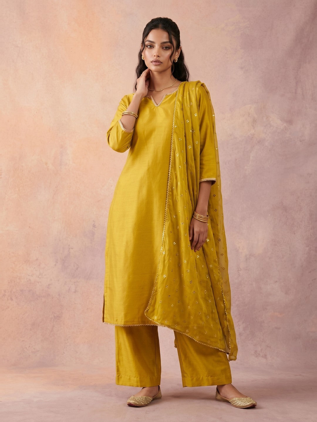 Janasya Lime Yellow Straight Silk Blend Kurta,Bottom & Dupatta - Dista