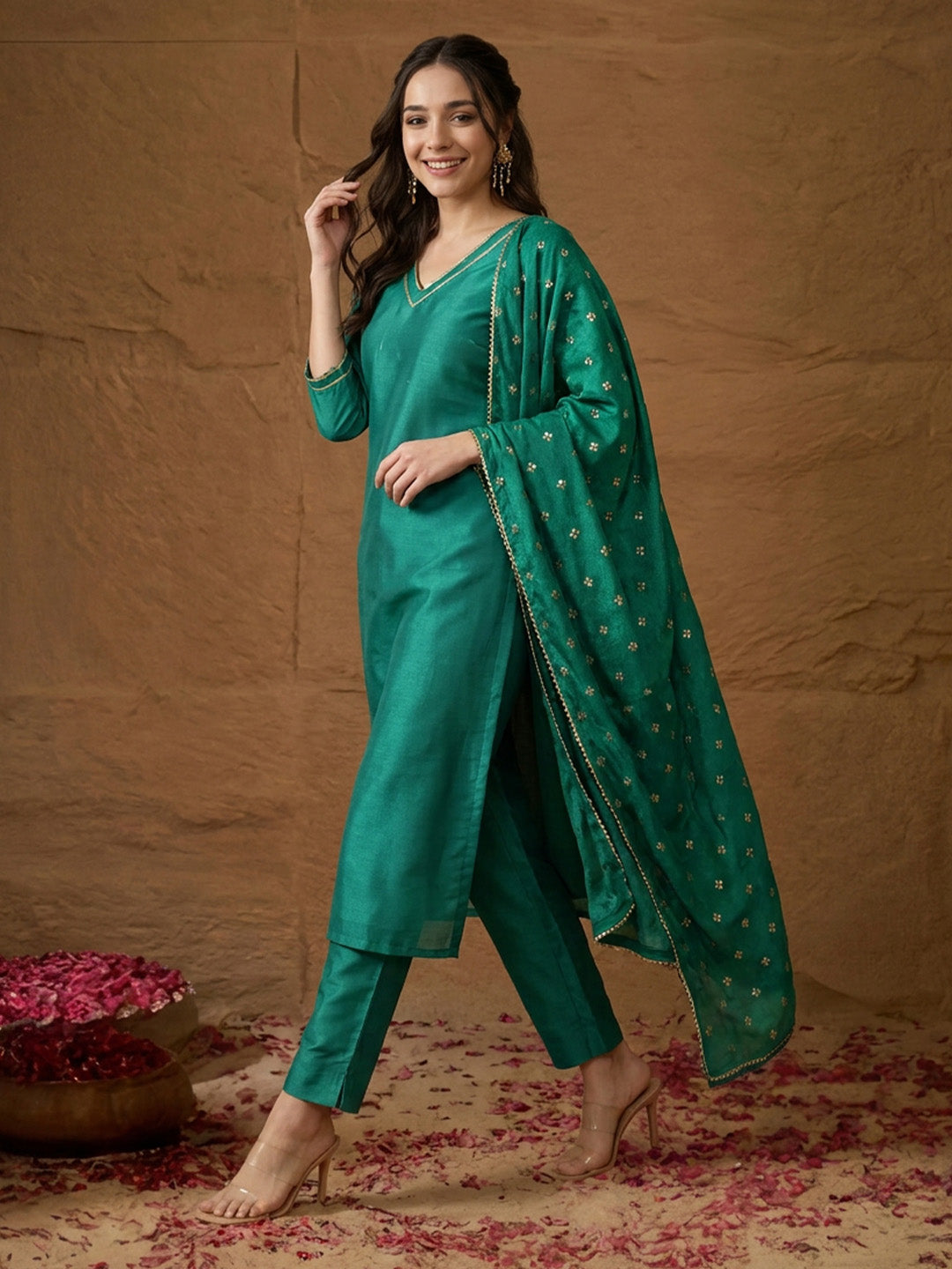 Janasya Teal Green Straight Silk Blend Kurta,Bottom & Dupatta - Dista