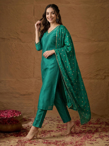 Janasya Teal Green Straight Silk Blend Kurta,Bottom & Dupatta - Dista