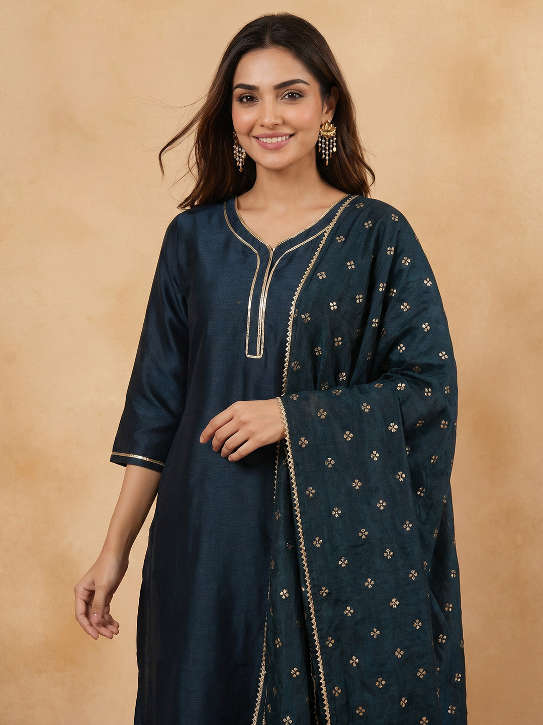 Janasya Teal Straight Silk Blend Kurta,Bottom & Dupatta - Dista