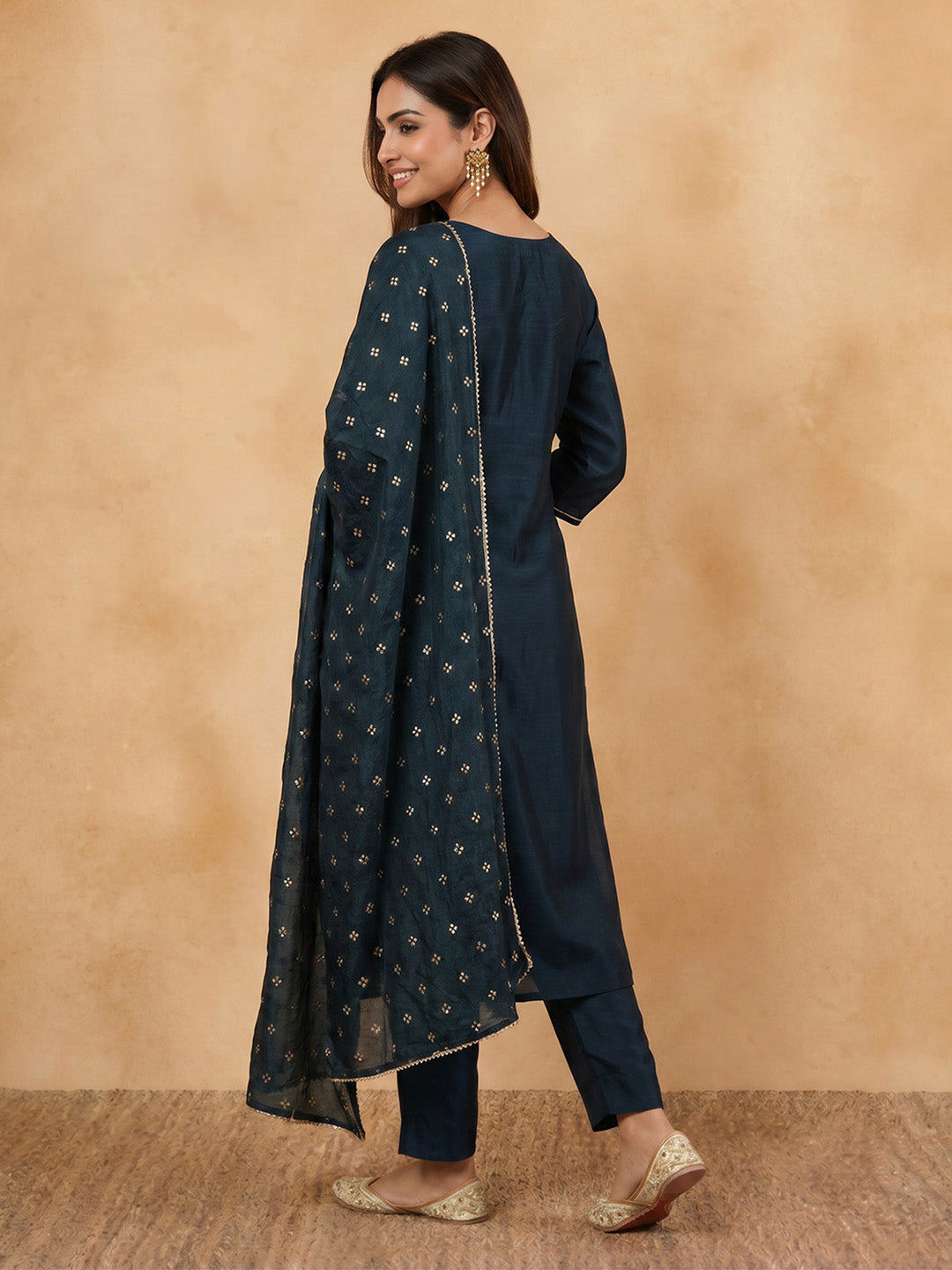 Janasya Teal Straight Silk Blend Kurta,Bottom & Dupatta - Dista