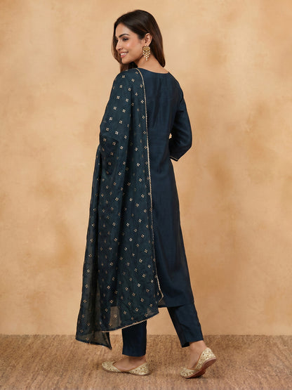Janasya Teal Straight Silk Blend Kurta,Bottom & Dupatta - Dista
