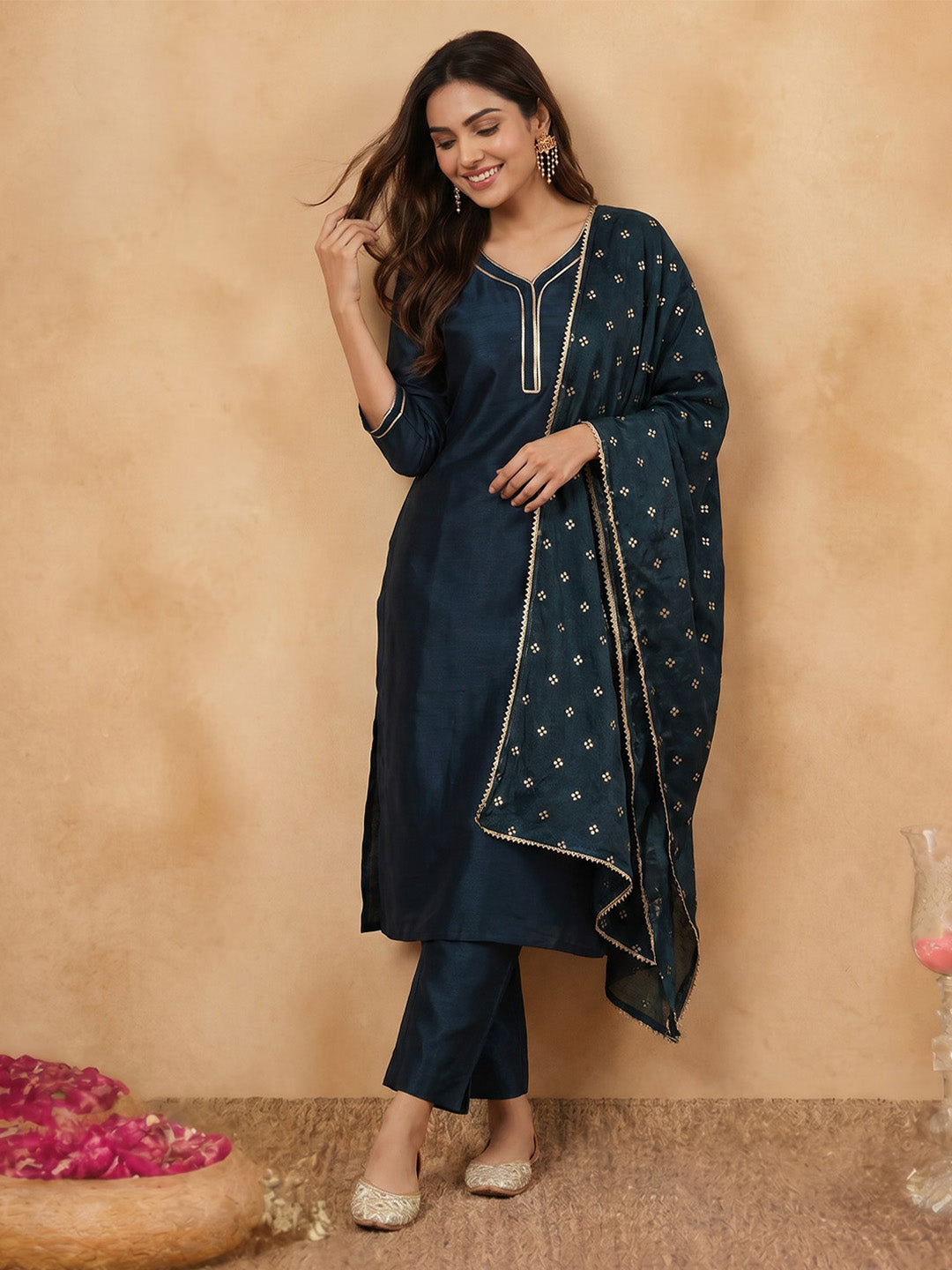 Janasya Teal Straight Silk Blend Kurta,Bottom & Dupatta - Dista
