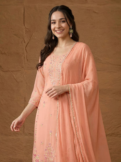 Janasya Peach Straight Georgette Kurta,Bottom & Dupatta - Dista