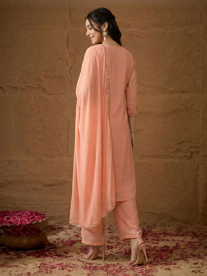 Janasya Peach Straight Georgette Kurta,Bottom & Dupatta - Dista