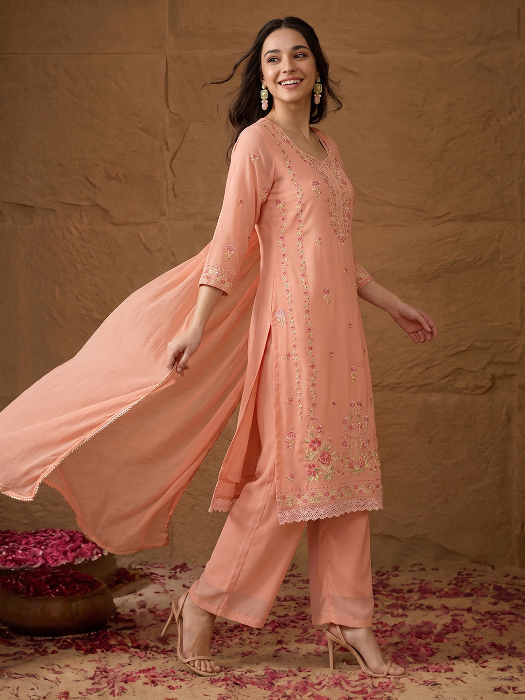 Janasya Peach Straight Georgette Kurta,Bottom & Dupatta - Dista