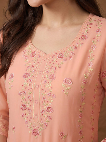 Janasya Peach Straight Georgette Kurta,Bottom & Dupatta - Dista