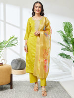 Thumbnail for Janasya Lime Yellow Straight Silk Blend Kurta,Bottom & Dupatta - Dista