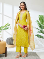 Thumbnail for Janasya Lime Yellow Straight Silk Blend Kurta,Bottom & Dupatta - Dista