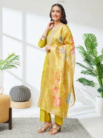Thumbnail for Janasya Lime Yellow Straight Silk Blend Kurta,Bottom & Dupatta - Dista