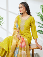 Thumbnail for Janasya Lime Yellow Straight Silk Blend Kurta,Bottom & Dupatta - Dista
