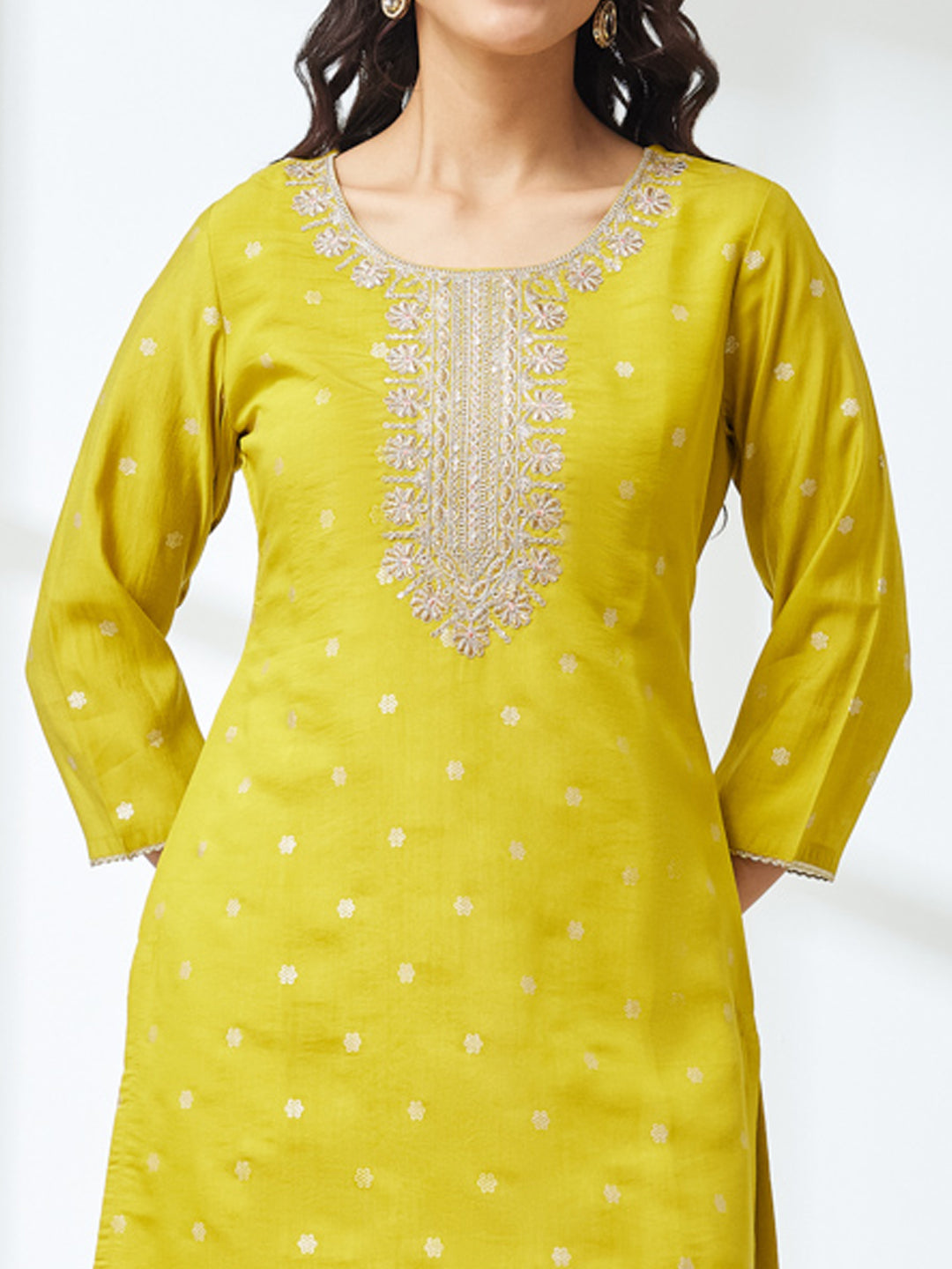 Janasya Lime Yellow Straight Silk Blend Kurta,Bottom & Dupatta - Dista