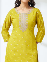 Thumbnail for Janasya Lime Yellow Straight Silk Blend Kurta,Bottom & Dupatta - Dista